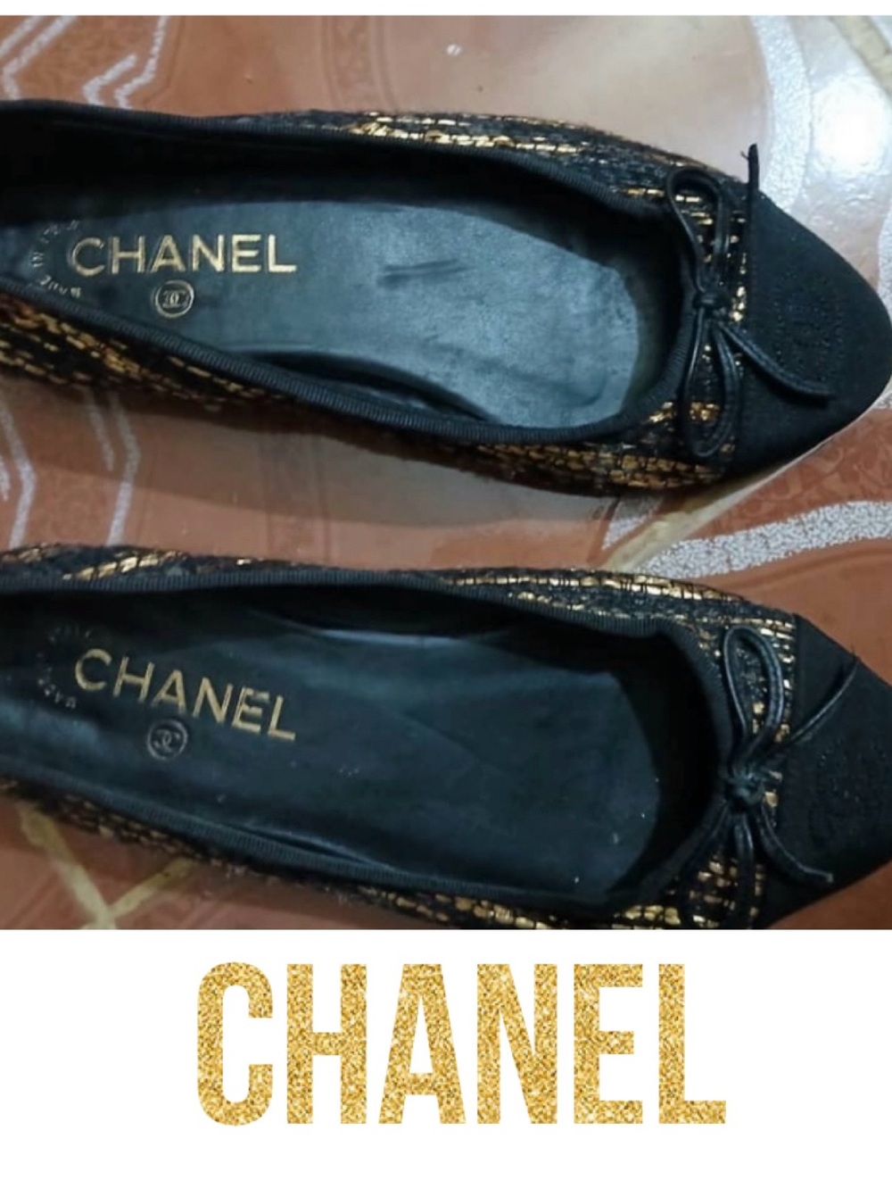 CHANEL Black and Gold Tweed Ballet Flats